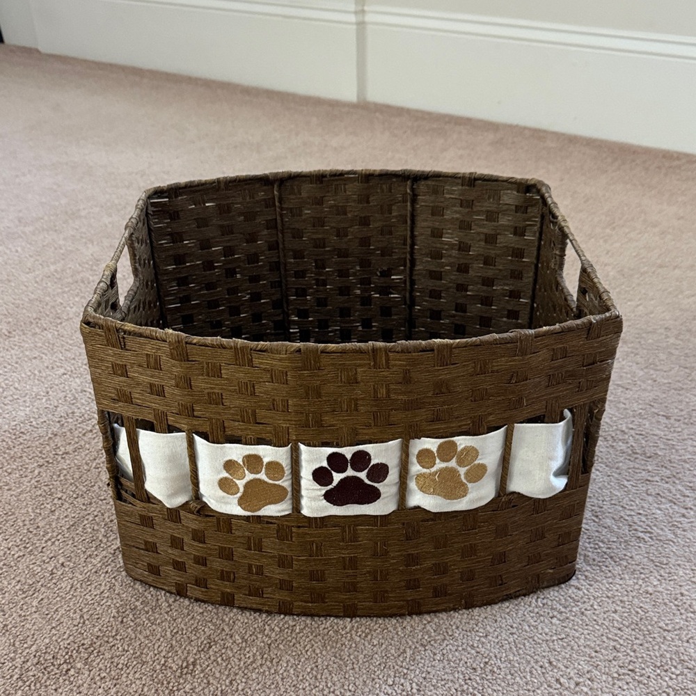 Woven Brown Storage Organization Basket with Paw Prints Detail